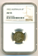 Australia George V 1922 Silver 6 Pence AU55 NGC