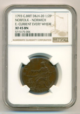 Great Britain 1793 Norfolk - Norwich 1/2 Penny Conder Token Current Every Where D&H-20 XF45 BN NGC