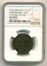 Great Britain 1793 1/2 Penny Conder Token Staffordshire - Leek D&H-13 AU58 BN NGC