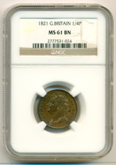 Great Britain 1821 Dot after Date 1/4 Penny Farthing MS61 BN NGC
