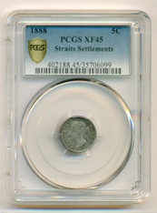 Straits Settlements (Malaysia) Victoria Silver 1888 5 Cents XF45 PCGS