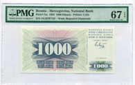 Bosnia - Herzegovina 1992 1000 Dinara Bank Note Superb Gem Unc 67 EPQ PMG