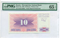 Bosnia - Herzegovina 1992 10 Dinara Bank Note Gem Unc 65 EPQ PMG