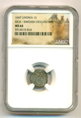Livonia - Swedish Occupation Carl Gustav 1657 (Label Error) Silver Solidus KM-50 Riga Mint MS64 NGC 