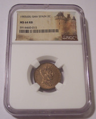 Spain Alfonso XIII 1905 SMV 2 Centimos MS64 RB NGC