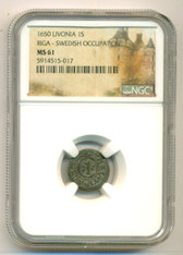 Livonia (Latvia) Swedish Occupation Christina 1650 Silver Solidus MS61 NGC