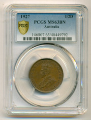 Australia George V 1927 1/2 Penny MS63 BN PCGS