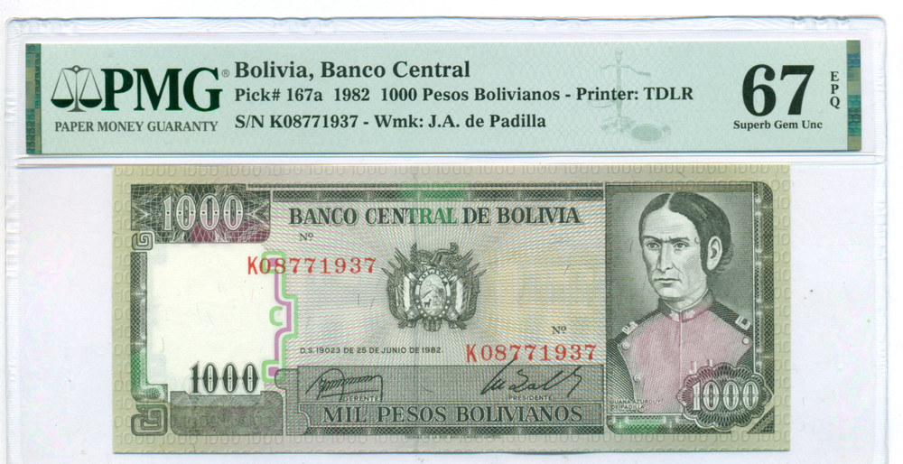 Bolivia 1982 1000 Pesos Bolivianos Bank Note Superb Gem Unc 67 EPQ