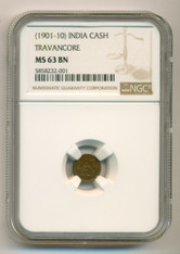India - Travancore - (1901-10) Cash MS63 BN NGC