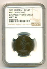 Great Britain 1795 1/2 Penny Conder Token Kent - Maidstone D&H-36 AU55 BN NGC