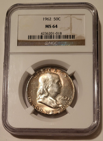 1962 Franklin silver half dollar ms64 ngc toning a