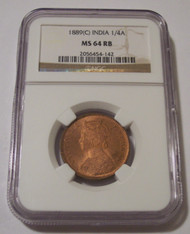 India - British - Victoria 1889 (C) 1/4 Anna MS64 RB NGC