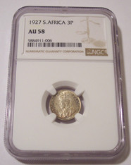 South Africa George V 1927 Silver 3 Pence AU58 NGC