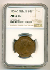 Great Britain Victoria 1853 1/2 Penny AU50 BN NGC
