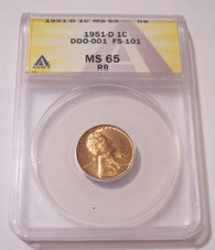 1951 D Lincoln Wheat Cent DDO-001 FS-101 MS65 RB ANACS