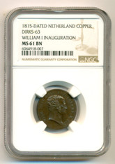 Netherlands 1815-Dated William I Inauguration Medal Dirks-63 Copper MS61 BN NGC