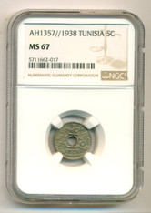 Tunisia 1938 5 Cents MS67 NGC