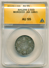 Morocco Silver AH1299 (AD 1882) 2 1/2 Dirhams AU55 ANACS