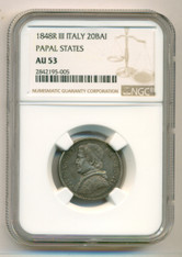 Italy Papal States Pope Pius X 1848 R III Silver 20 Baiocchi AU53 NGC