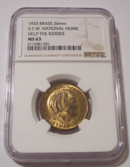 1933 V.F.W. National Home Brass Token Help The Kiddies MS63 NGC