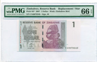 Zimbabwe 2007 1 Dollar Replacement / Star Bank Note Gem Unc 66 EPQ PMG