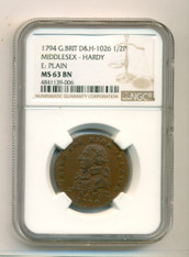 Great Britain 1794 1/2 Penny Conder Token Middlesex - Hardy MS63 BN NGC