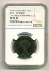 Great Britain 1794 1/2 Penny Conder Token Kent - Benenden D&H-4 AU58 BN NGC