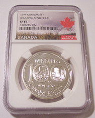 Canada 1974 Silver Dollar Winnipeg Centennial SP67 NGC Maple Leaf Label