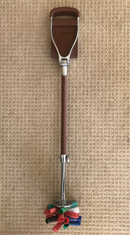 Tan leather adjustable shooting seat stick. This shooting stick combines a large padded leather seat with a stainless steel frame. A popular choice for all outdoor sporting events. Height adjustable from 25.5" to 30.5" or 65cm to 77cm. Max weight load 18 stone. 9cm magnetic tip which will collect up to 20 cartridges.