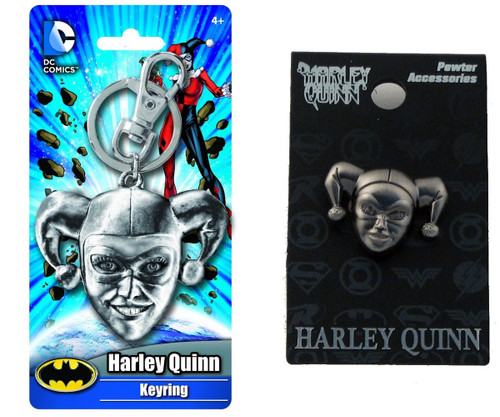 Bundle 2 Items: One (1) Harley Quinn Pewter Keychain and One (1) Pewter Lapel Pin