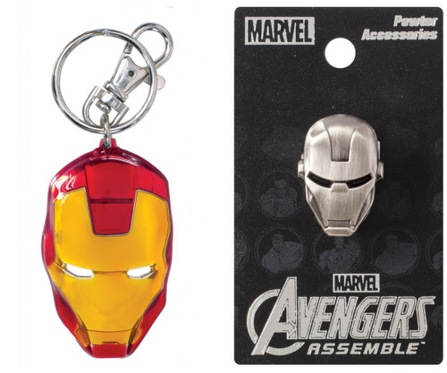 Bundle 2 Items: One (1) Iron Man Color Pewter Keychain and One (1) Pewter Lapel Pin