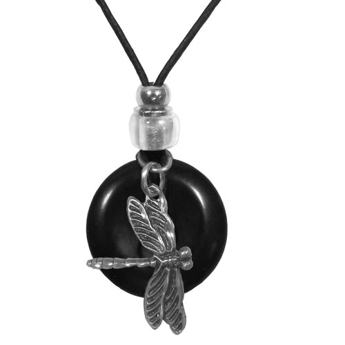 Dragonfly Adjustable Cord Necklace with Onyx Colored Disc