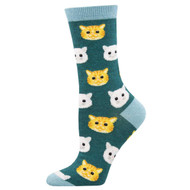 Cat Face Feline Good Bamboo One Size Fits Most Green Heather Ladies Socks