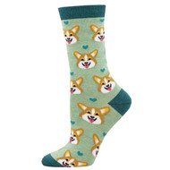Corgi Face Bamboo One Size Fits Most Green Heather Ladies Socks