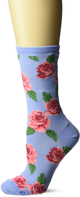 Rose Print Coastal Blue Ladies Crew Socks