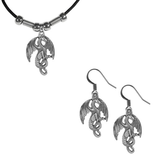 Bundle 2 Items: Dragon Dangle Earrings and Adjustable Cord Necklace