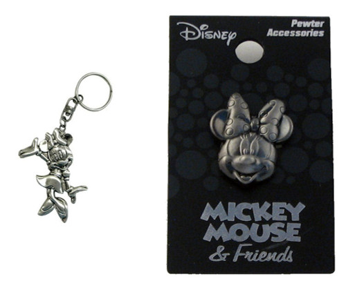 Bundle 2 Items: One (1) Minnie Mouse Pewter Keychain and One (1) Pewter Lapel Pin