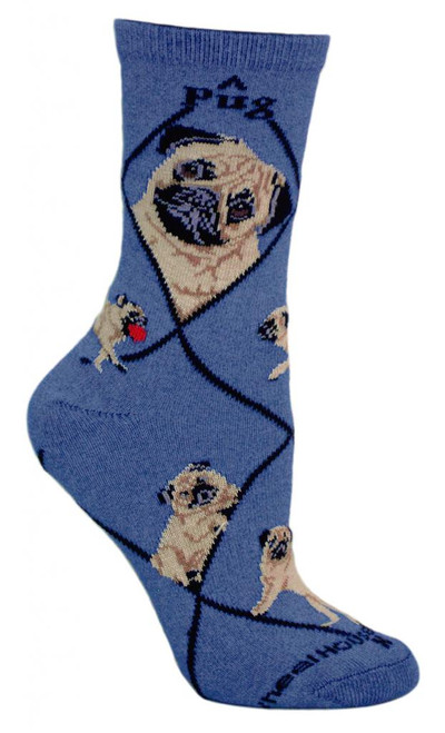 Pug Dog Blue Large Cotton Socks (6 Pack)