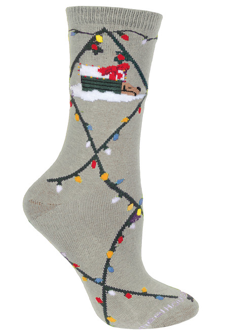 Dog & Christmas Lights Gray Ladies Socks (6 Pack)
