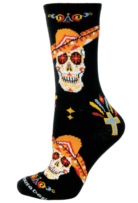 Day of the Dead With Sombrero Black Ladies Socks (6 Pack)