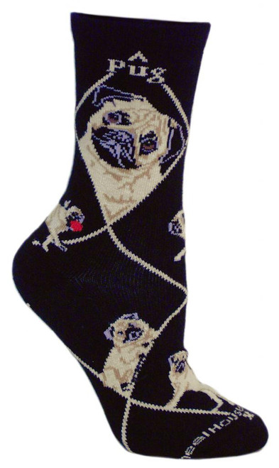 Pug Dog Black Cotton Ladies Socks (6 Pack)