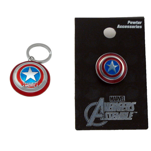 Bundle 2 Items: One (1) Captain America Pewter Keychain and One (1) Pewter Lapel Pin