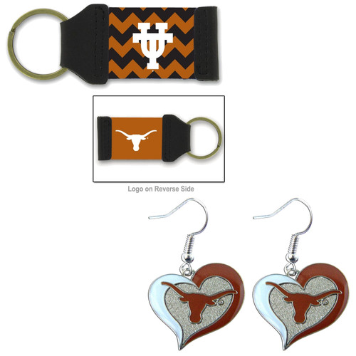 University Of Texas Chevron Keychain and Swirl Heart Earrings