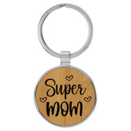 Enthoozies Super Mom Bamboo Laser Engraved Leatherette Keychain Backpack Pull - 1.5 x 3 Inches