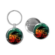 Enthoozies Beach Tree Sunset  1.5" x 3.5" Domed Keychain Backpack Pull and 1.5" Pinback Button v1