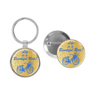 Enthoozies Life is a Beautiful Ride! Blue Cycling Bicycle 1.5" x 3" Domed Keychain Backpack Pull and 1.5" Pinback Button