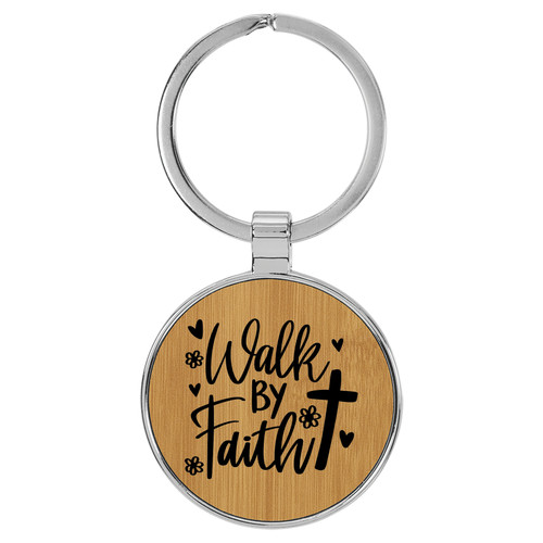 Enthoozies Walk by Faith Religious Bamboo Laser Engraved Leatherette Keychain Backpack Pull - 1.5 x 3 Inches