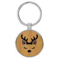 Enthoozies Cute Female Reindeer Face Christmas Bamboo Laser Engraved Leatherette Keychain Backpack Pull - 1.5 x 3 Inches