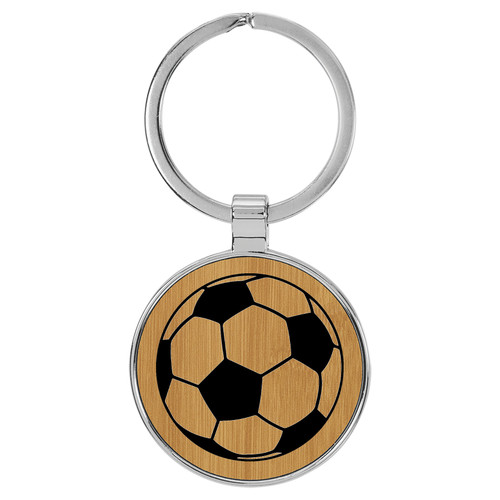 Enthoozies Soccer Ball Bamboo Laser Engraved Leatherette Keychain Backpack Pull - 1.5 x 3 Inches