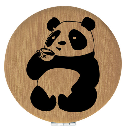 Enthoozies Panda Drinking Coffee Bamboo Laser Engraved Leatherette Compact Mirror - Stylish and Practical Portable Makeup Mirror - 2.5 Inch Diameter